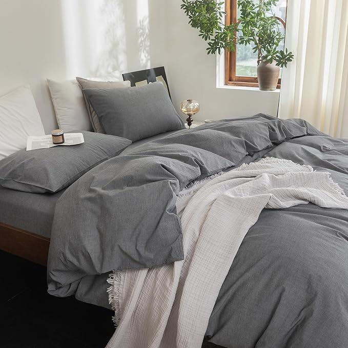 FOSSA Duvet Cover Set 100% Washed Cotton Linen Feel Super Soft Breathable Cozy 3 Pieces Bedding Sets Solid Dark Grey Full/Double