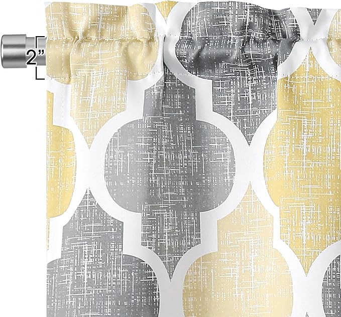 Beauoop Blackout Window Valances Curtains Geometric Quatrefoil Trellis Printed Room Darkening Thermal Insulated Rod Pocket Short Valance Curtains Cafe Bathroom, Yellow/Gray, 50" W x 18" L, 1 Panel