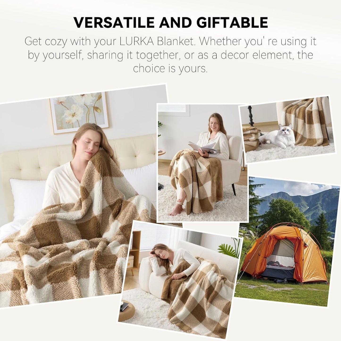 LURKA Checkered Sherpa Fleece Throw Blanket - Extra Thick and Warm Winter Soft Fuzzy Plush Blanket for Couches, Beds & Pets, Brown, 50x60 Inches