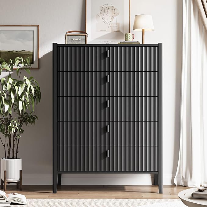 5 Drawer Dresser, Modern Chest of Drawers for Bedroom, Wood Fluted Dresser Organizer with Deep Drawers for Clothes, Nightstand for Bedroom, Hallway, Living Room, Entryway, Black