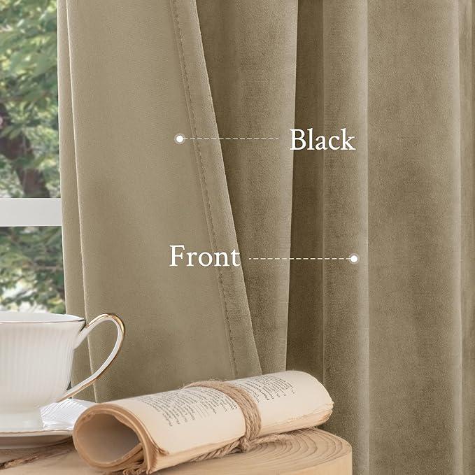 LAMIT Velvet Curtains 90 Inch for Living Room, Dark Taupe Thick Thermal Insulated Drapes Vintage Room Darkening Farmhouse Back Tab and Rod Pocket Panels for Bedroom, 2 Panels, 52 x 90 Inch