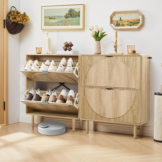 Turtle&Myrtle Modern Shoe Storage Cabinet for Entryway, Narrow Shoe Organizer Cabinet, 2-Tier Flip Down Drawers, Small Freestanding Hidden Wood Slim Shoe Rack,Round Fluted Pattern (Natural)