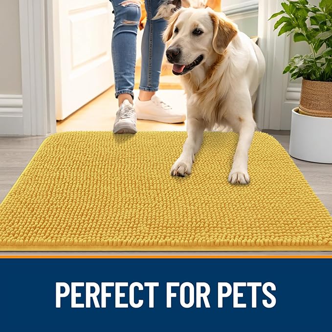 OLANLY Dog Door Mat for Muddy Paws 48x30, Absorbs Moisture and Dirt, Absorbent Non-Slip Washable Doormat, Quick Dry Chenille Mud Mat for Dogs, Entry Indoor Entryway Carpet for Inside Floor, Yellow