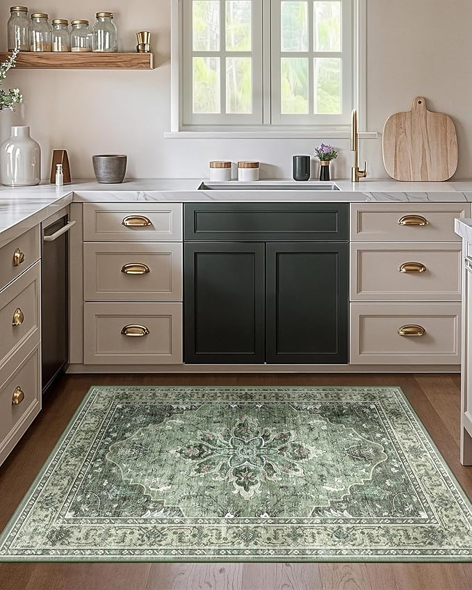 Area Rugs 3'x4' Washable Non-Slip, Floral Vintage Distress Print Pattern Medallion Carpet for Living Room Bedroom Dining Room, Dark Green Gray