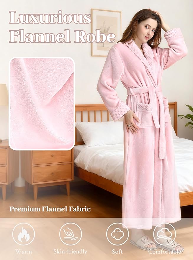 Artfasion Womens Long Fleece Robe - Warm Soft Floor Length Flannel Bathrobes for Winter Thicker Long House Coat with Pockets