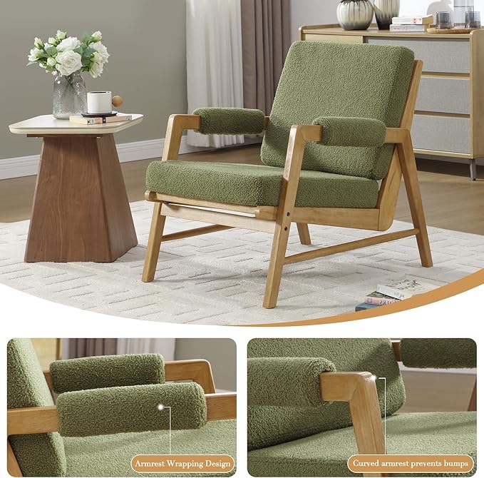 HEAH-YO Modern Accent Chair Set of 2, Upholstered Boucle Fabric Living Room Chair with Wooden Frame, Comfy Armchair with Thick Cushion for Bedroom Balcony, Green