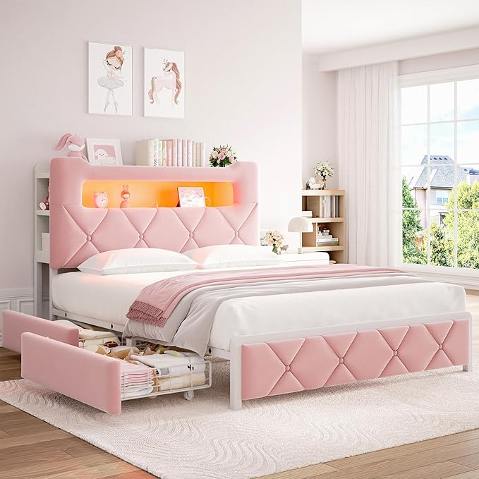 Full Upholstered LED Bed Frame with 2 Storage Drawers and 2-Tier Storage Headboard, Velvet Princess Platform Bed with Charging Station & Bookcase, Heavy Duty Metal Support, No Box Spring Needed, Pink