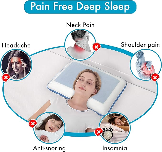 Comfyt Cervical Pillow Cooling Orthopedic Memory Foam Pillows for Back Stomach Side Sleeper - Sleeping Travel Neck Gusseted Bed Pillow Gel Layer Provides Coolness Removable Washable Cover