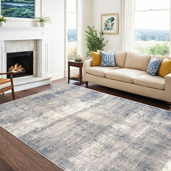 vivorug 9x12 Area Rugs for Living Room, Non Slip Machine Washable Modern Abstract Rug, Ultra-Thin Lightweight Large Area Rug for Bedroom, Dining Room, Low Pile Grey/Navy