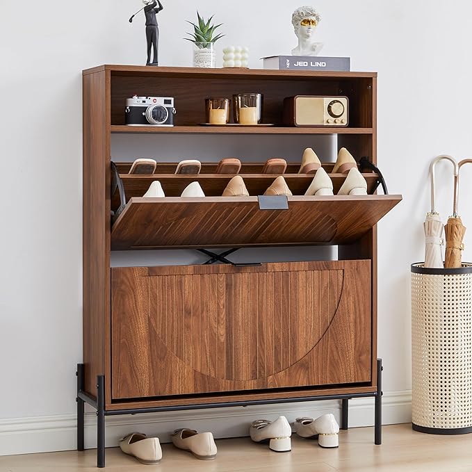47" Fluted Large Shoe Cabinet with 4 Flip Drawers, Slim Freestanding Shoe Cabinet Organizer, Narrow Shoes Storage Rack for Entryway, 5 Sturdy Legs (All Walnut-2 drawers, 9.45"D x 31.5"W x 41.93"H)