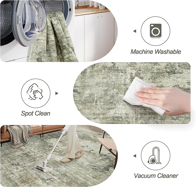 Abstract Rug 8x10 Large Living Room Neutral Modern Washable Area Rugs for Bedroom Dining Room Non-Slip Stain Resistant Foldable Thin Green Black