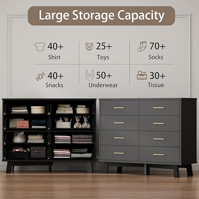 Dresser for Bedroom, 8 Drawer Wide Modern Chest of Drawers with X-Shaped Sturdy Base, Wood Double Dresser Closet Clothes Storage Organizer, Wooden TV Stand for Living Room, Hallway, Black