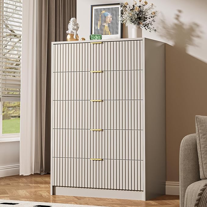 3-Piece Dresser Bedroom Set, 5 Drawer Dresser & 2 Drawer Nightstands with Gold Handles, Fluted Wood Chest of Drawers for Bedroom, Living Room, Entryway, Beige