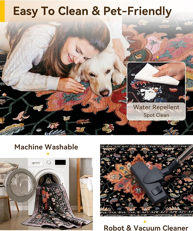 Area Rugs 3'x12' Washable Non-Slip, Floral Vintage Distress Print Pattern Medallion Carpet for Living Room Bedroom Dining Room, Black Colorful Floral Dark Tan