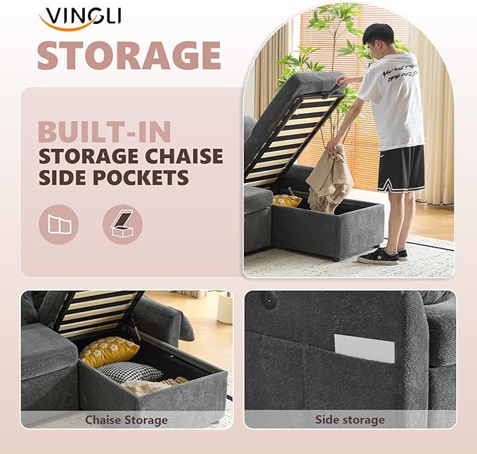 VINGLI Convertible Sofa Bed Couches for Living Room, Sleeper Sofa with Pull Out Couch Bed, Cloud-Like Plush Fleece L-Shape Sectional Couch with Storage Chaise, USB Charging, Side Pockets (Black)