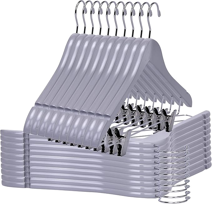 Quality Wooden Skirt Hangers with Clips, 20-Pack Smooth Solid Wood Pants Hangers with Durable Adjustable Metal Clips, Swivel Hook, Coat, Jacket, Blouse Suit Hangers (Gray, 20)