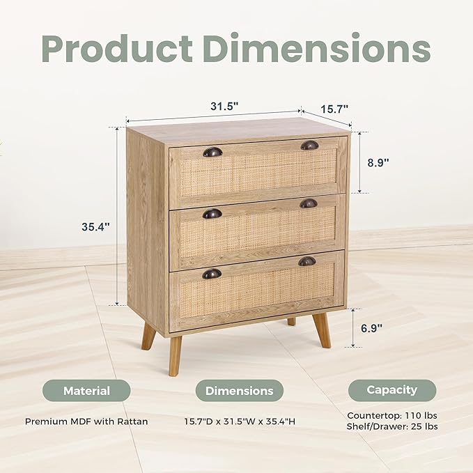 PHI VILLA Rattan Nightstand Set of 2 - Dresser with Drawer Boho Small Cabinet, 3 Drawer Dresser, Rattan Cabinet
