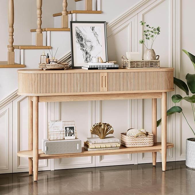 LINSY HOME Fluted Console Table, Mid-Century Modern Entryway Cabinet with Sliding Tambour Doors, Narrow Long Sofa Table, Behind-The-Couch Table for Living Room, Hallway (Light Oak)