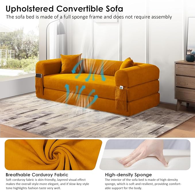 80" Convertible Sofa Bed, Corduroy Deep Seat Folding Pull Out Couch with Pillows, No Assembly Modern Boneless Couch Compression Sofa in Box, Floor Sofa with Storage Pocket for Living Room,Yellow