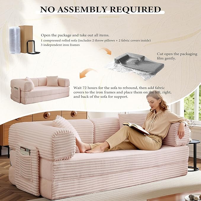 Boneless Couch Folding Couches for Living Room Sofa, Futon Sofa Bed with Sleeper Sofa, Futon Couch with Fixed-Shape Oversized Corduroy Upholstered (Pink, 81 Inches)
