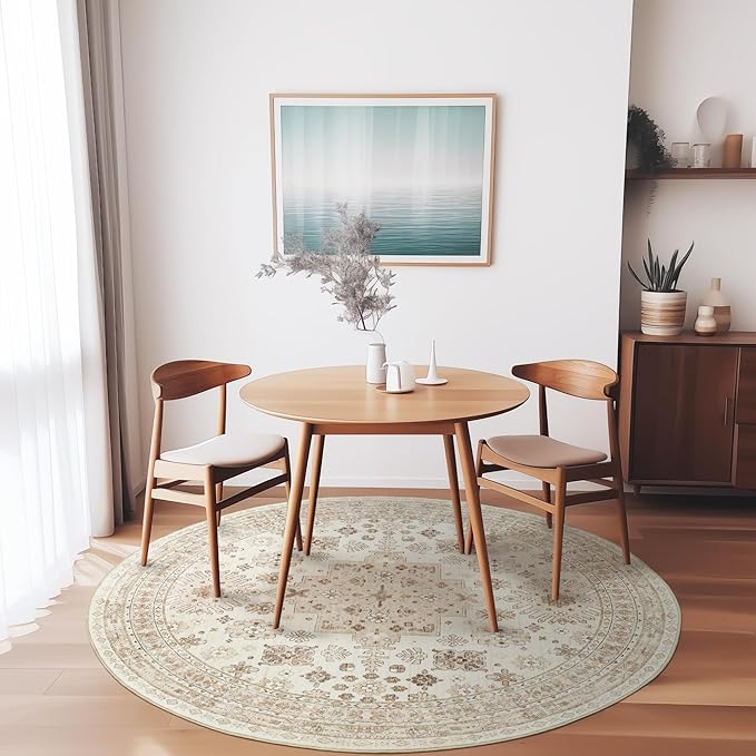 zesthome 8ft Round Rugs for Living Room, Non-Slip Washable Round Area Rugs, Ultra-Thin Large Circle Rugs, Soft Low Pile Rug for Bedroom, Kitchen - Vintage Stain Resistant Round Rug (Cream/Beige,8'x8')