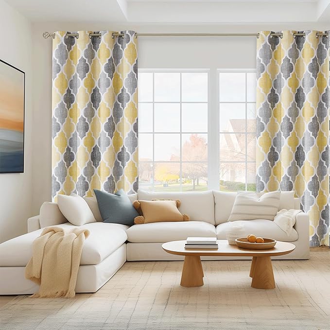 Beauoop 100% Blackout Curtains 84 Inches Long 2 Panels for Bedroom Living Room Yellow Grey Moroccan Geo Room Darkening Thermal Insulated Soundproof Grommet Top Window Treatments Drapes, 50x84 Set of 2