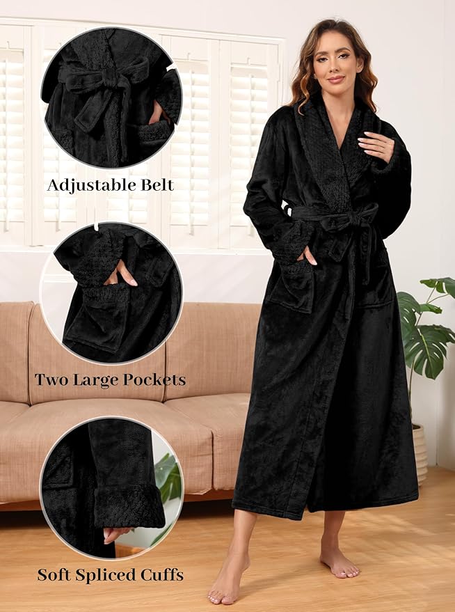 Artfasion Womens Long Fleece Robe - Warm Soft Floor Length Flannel Bathrobes for Winter Thicker Long House Coat with Pockets