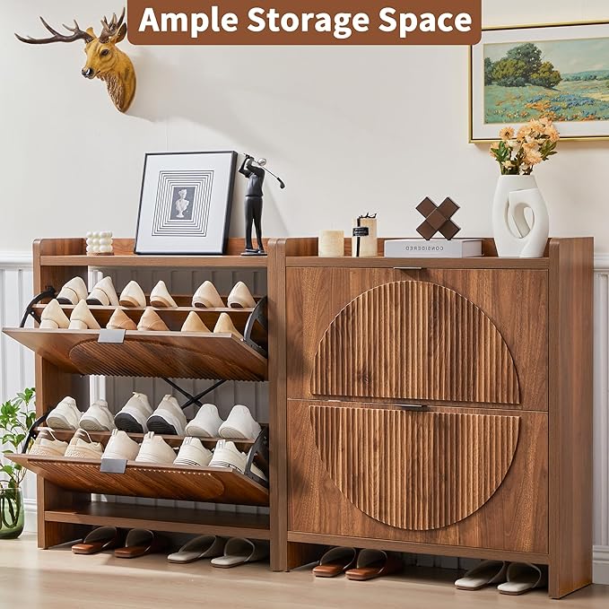Narrow Shoe Cabinet with 2 Flip Drawers for Entryway,Wood Slim Shoe Rack Cabinet, Freestanding Hidden Shoe Storage Organizer, Space-Saving, Round Fluted Pattern for Hallway,Living Room (Walnut)