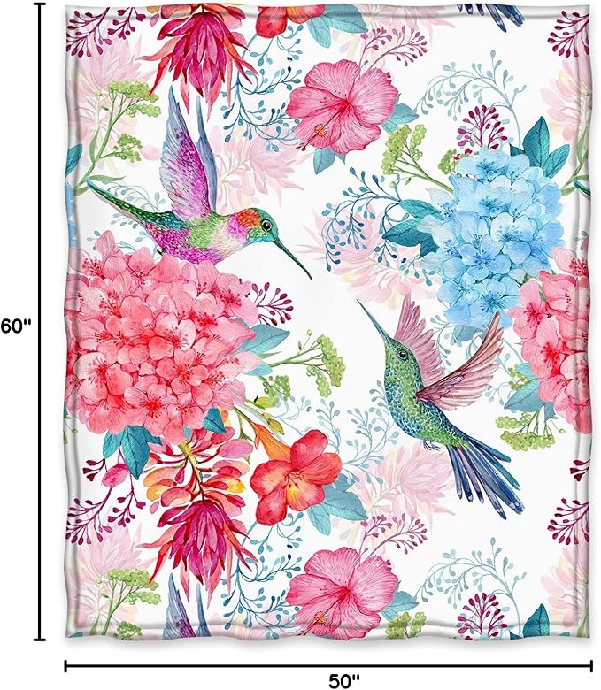 Jekeno Hummingbird Floral Blanket Bird Colorful Flowers Christian Blanket Birthday Christmas for Women Kids Girls Mom Bedroom Living Room Mother's Day Decor Plush Throw 50"x60"