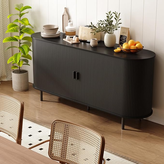 ONBRILL 63" Sideboard Buffet Cabinet with Storage, Storage Cabinet with Sliding Door & Adjustable Shelf, Modern Accent Coffee Bar Console Table for Kitchen, Entryway, Black