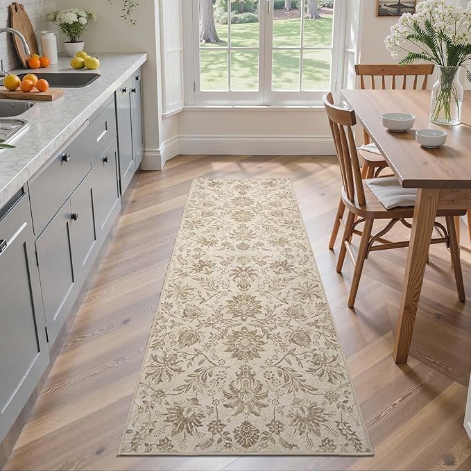 jinchan Torino Runner Rugs 2x5 - Vintage-Inspired Floral Neutral Design Machine Washable Non-Slip Ultra-Thin Low-Pile Rubber Backing Runner Rug for Kitchen Hallway Laundry Room Entryway Taupe