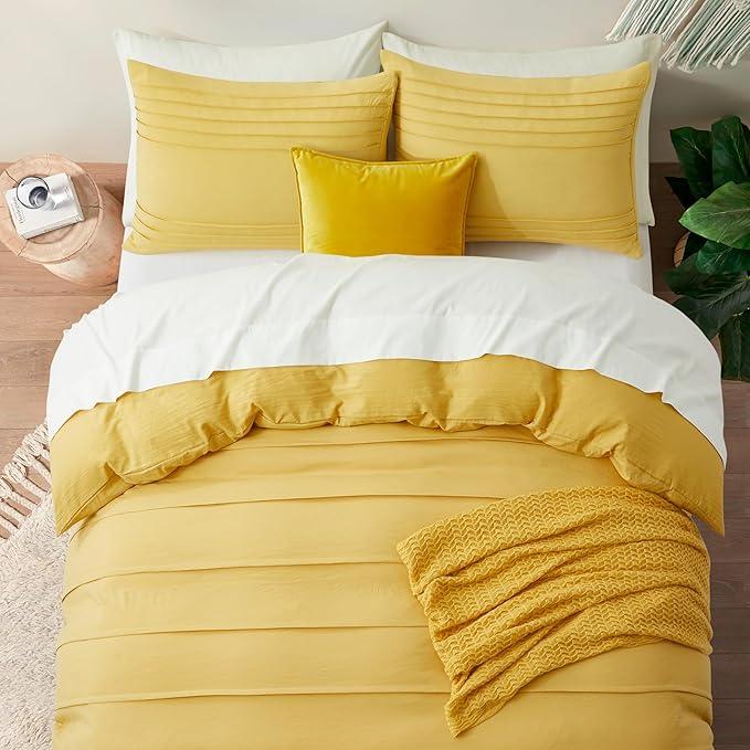 Oli Anderson Mist Yellow Duvet Cover Queen Size - Pleated Queen Duvet Cover, 3PCS Soft and Breathable Textured Bedding Set with Zipper Closure(Mist Yellow,90"x90")