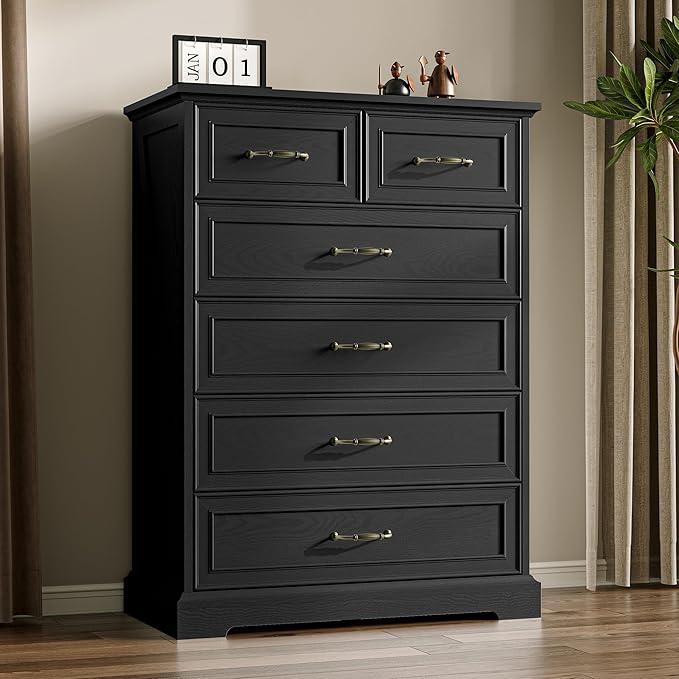 Farmhouse 6 Drawers Dresser for Bedroom, 43" Tall Wood Chest of Drawers with Deep Drawers & Bar Handles, Modern Dresser TV Stand, Rustic Wooden Closet Storage Organizer for Living Room, Hallway, Black