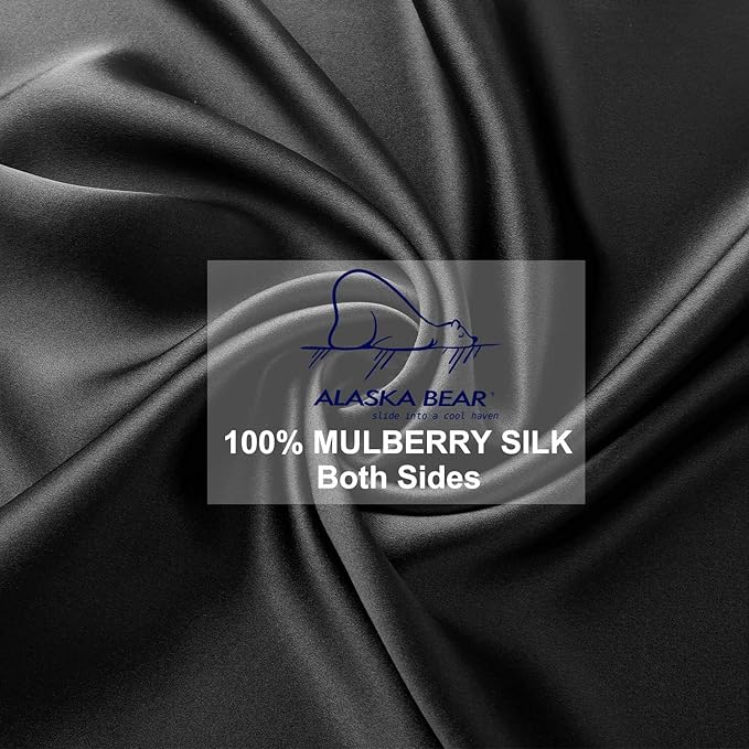 ALASKA BEAR Silk Pillowcase for Hair and Skin Beauty Sleep 100 Real Mulberry Silk Anti-Aging Pillow Slip Case Cover Standard Size with Zipper (1pc, Black)