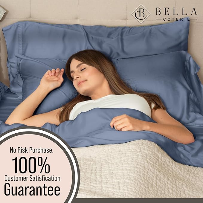 Bella Coterie 7 Piece Luxury Bamboo Viscose Split King Size Sheet Set | 2 Fitted Sheets for Adjustable Beds | 100% Organically Grown | Cooling for Hot Sleepers | 4 Pillowcases [Slate Blue]