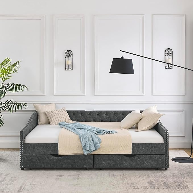Favfurish Queen Size Daybed with Two Drawers, Upholstered Tufted Sofa Bed with Button on Back and Copper Nail on Waved Shape Arms for Small Space,Livingroom,Bedroom,Grey (84.5"x63.5"x26.5")