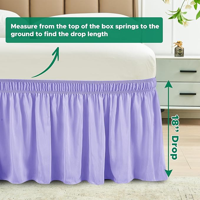 Biscaynebay Wrap Around Bed Skirts for Queen Size Beds 18" Drop, Lavender Adjustable Elastic Dust Ruffles Easy Fit Wrinkle Resistant Silky Luxurious Fabric Machine Washable