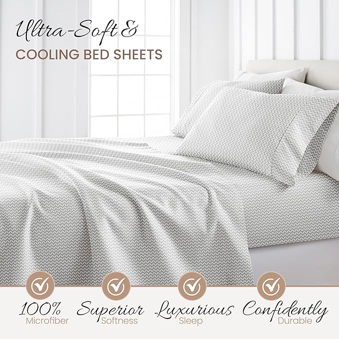 Linen Market Double-Brushed Patterned Microfiber Twin Sheet Set 3 Piece – Oeko-TEX Certified Ultra Soft & Wrinkle-Free - 16" Deep Pocket Sheets - Easy Care Twin Size - Puffed Chevron Light Gray