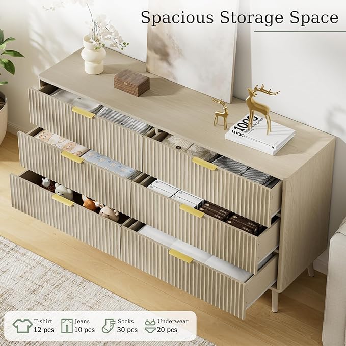 LYNSOM 55" Wide Fluted Dresser for Bedroom with 6 Drawer, Modern Chest of Drawers with Curved Profile Design and Metal Handles, Wood Dresser TV Stand & Storage Organizer for Living Room, Beige