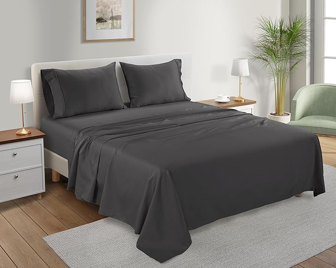 100% Cotton Sheets King Size Sheets Set with Fitted Sheet & Pillowcase Sets, Sateen Weave 4 piece Deep Pocket King Sheet Set, Soft & Comfy Naturally Cool Luxury Bedding- Charcoal