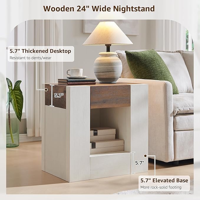 OKD 24'' Modern Nightstands Set of 2, Large Wooden End Table with Charging Station & Drawer & Storage Shelf, Rustic Square Bedside Table for Bedroom, Living Room, Wood Thick Design,Antique White