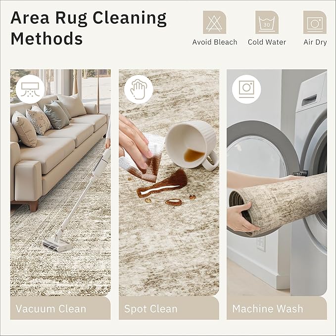 7x9 Area Rug for Living Room Washable Abstract Vintage Soft Thin Indoor Floor Non-Slip Carpet for Bedroom Dining Room Brown