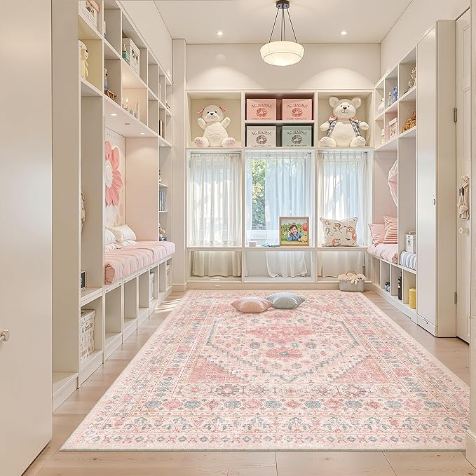 zesthome Pink Rug - 5x7 Area Rugs for Bedroom, Stain Resistant Washable Rugs for Nursery Room, Living Room, Home Decor, Girls Rug (Pink/Blue,5'x7')