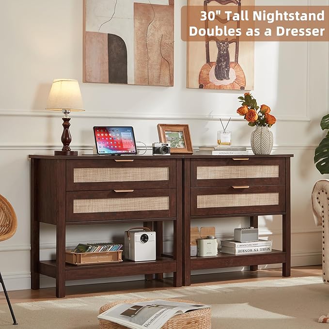 LEYAOYAO 31.5" Wide Rattan Night Stand with Charger Station, Oversized Large Walnut Nightstand with 2 Drawer, Boho Bed Side End Tables with Storage, Tall Bedside Table for Bedroom Living Room, Hallway