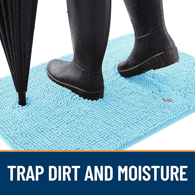 OLANLY Dog Door Mat for Muddy Paws 24x16, Absorbs Moisture and Dirt, Absorbent Non-Slip Washable Doormat, Quick Dry Chenille Mud Mat for Dogs, Entry Indoor Entryway Carpet for Inside Floor, Blue