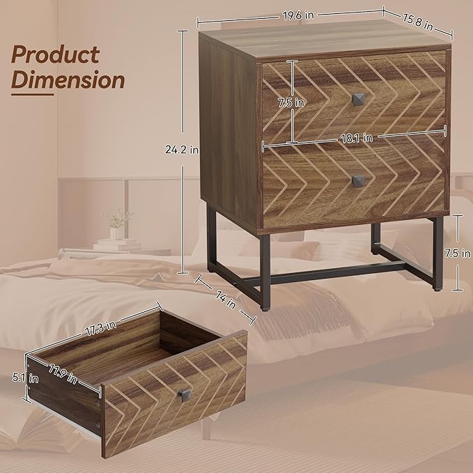 Modern Nightstand with Two Storable Drawers,Sturdy Bedside Table Space-Saving Night Stand with Black Metal Legs for Bedroom,Walnut