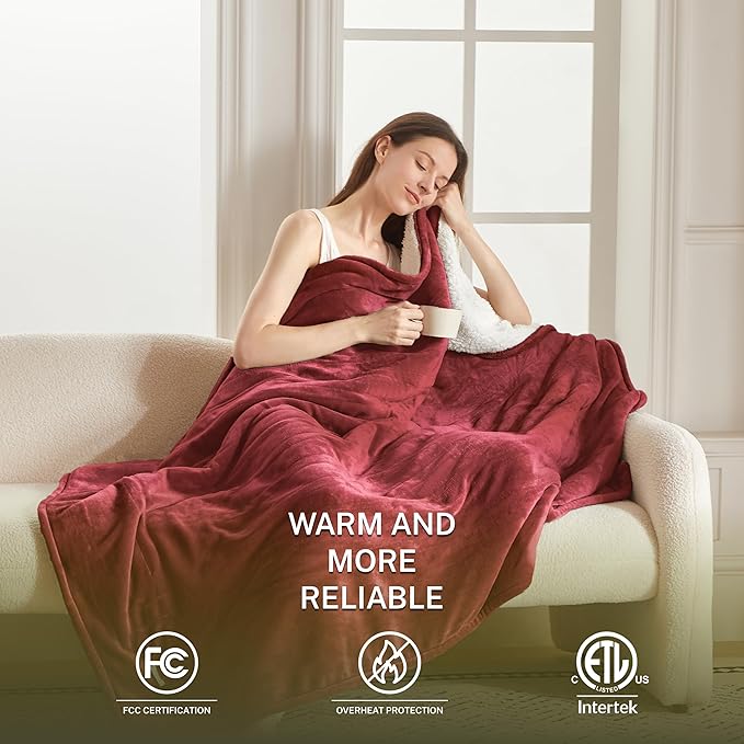 Heat Blanket 62”x84” Twin Size,Soft Flannel & Sherpa Reversible Electric Blanket with 10 Heat Settings,12 Timer Setting and 8 Hours Auto-Shut Off,ETL Certified Machine Washable,Red