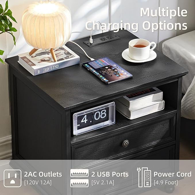 24" Wide Farmhouse Nightstand Set of 2 with Charging Station,End Table with 2 Drawers,Black Wood Dresser for Bedroom Cabinet, Bed Side Table Chest of Drawers, Night Stand for Living Room