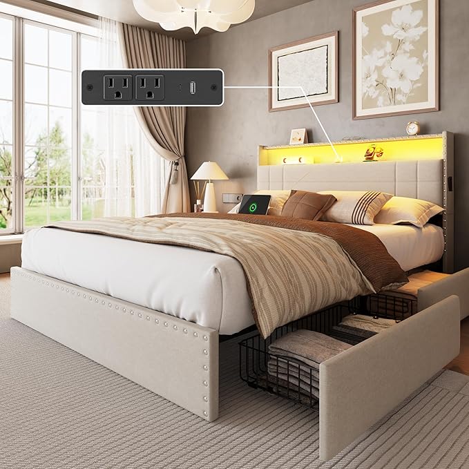 Forestell Queen Bed Frame with Headboard, Upholstered Platform Bed with 4 Storage Drawers, Built-in LED Lights & Charging Station, Metal Slats Support, No Box Spring Needed, Beige, Cama Queen Size