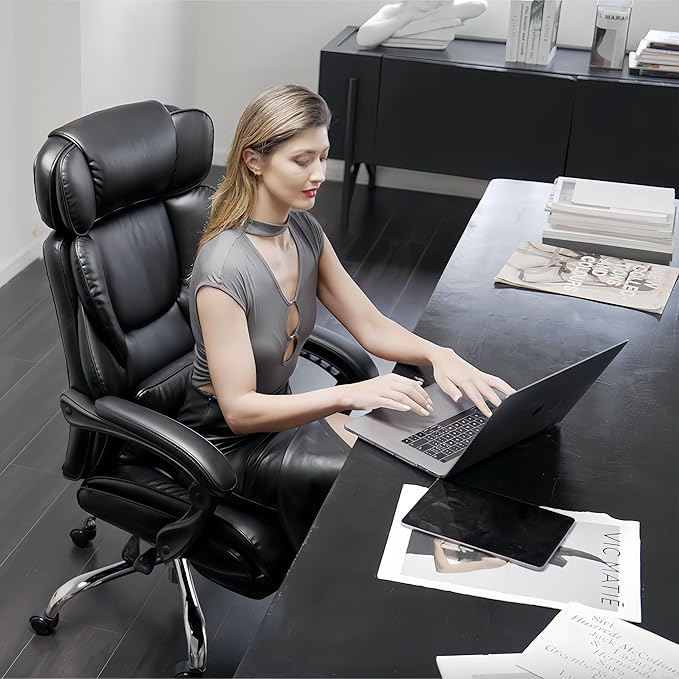 COLAMY Office Chair with Retractable Footrest, Ergonomic High Back Design Executive Computer Desk Chair with Removable Lumbar Pillow, 90-135°Reclining, Thick Bonded Leather for Home Office Work, Black